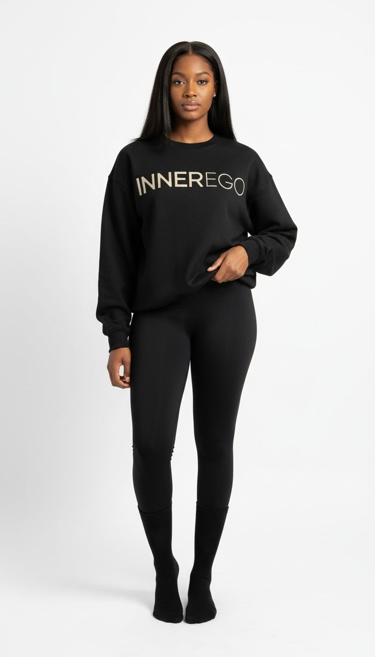 women wearing INNER EGO embossed black sweatshirt detail - luxury oversized fit