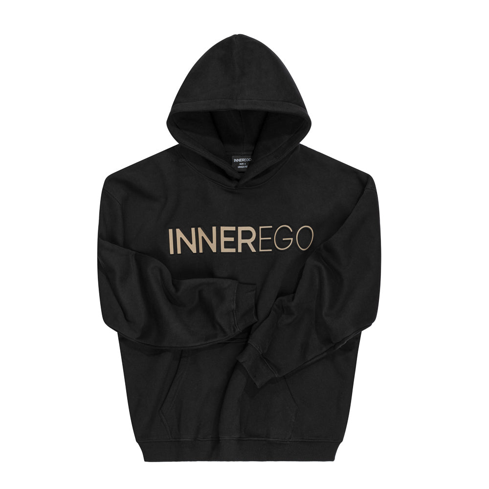 Premium black hoodie lifestyle shot - INNER EGO streetwear