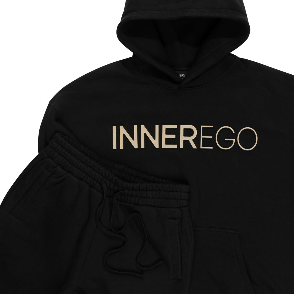 Premium black hoodie lifestyle shot - INNER EGO streetwear