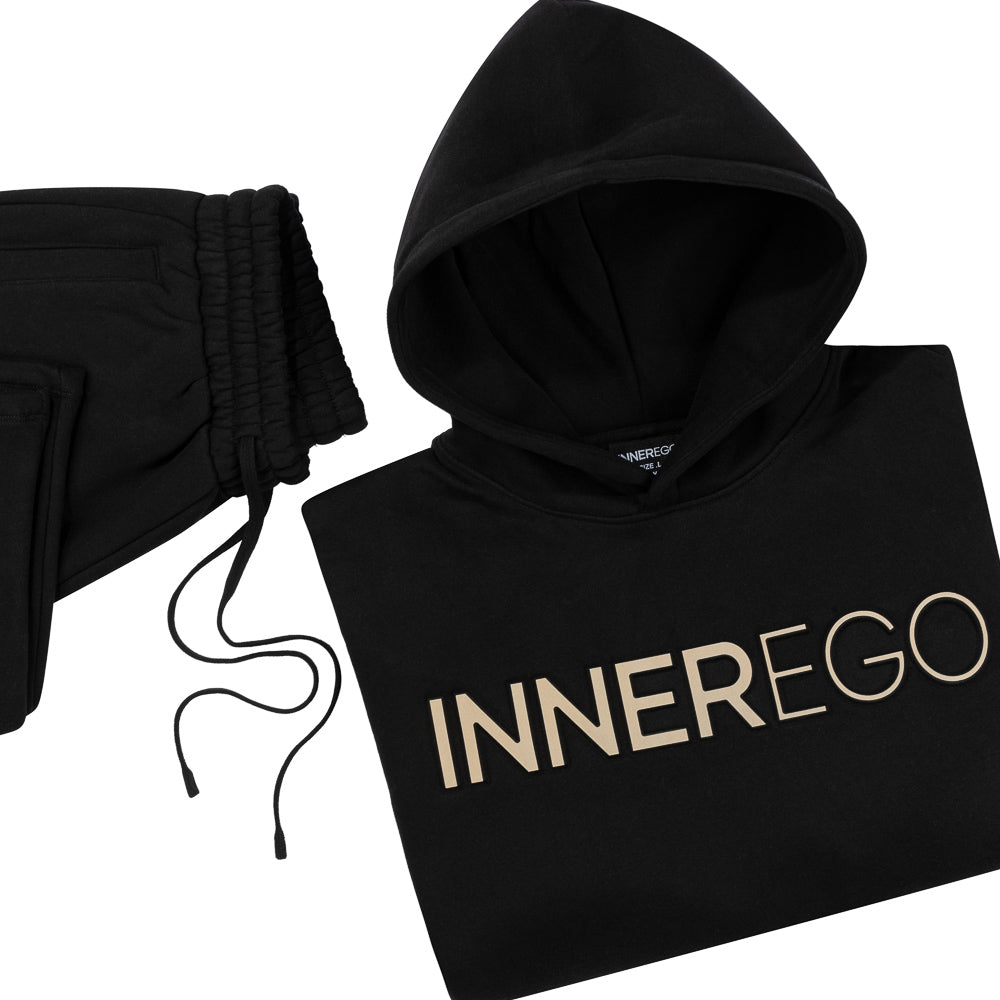 Premium black hoodie lifestyle shot - INNER EGO streetwear