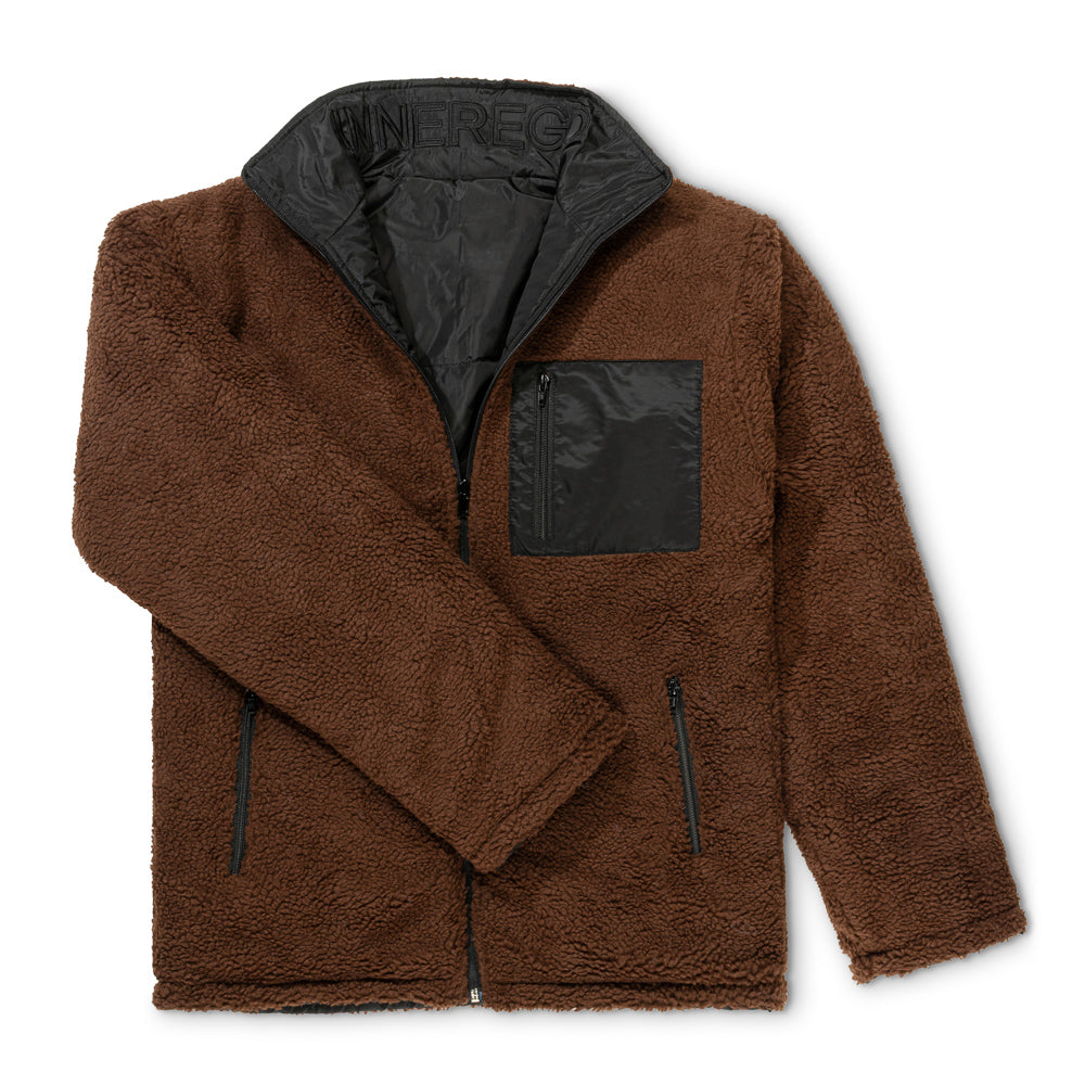 Reversible unisex jacket black nylon brown teddy fleece side - INNER EGO