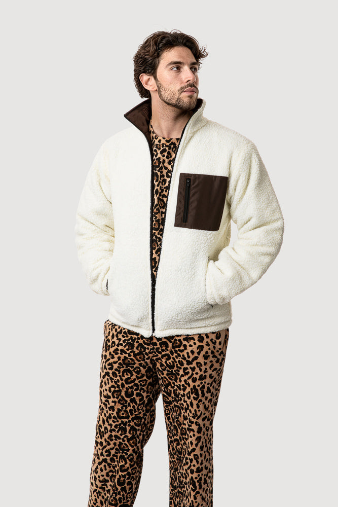 Reversible Unisex Jacket - Brown Nylon/Cream Teddy Fleece